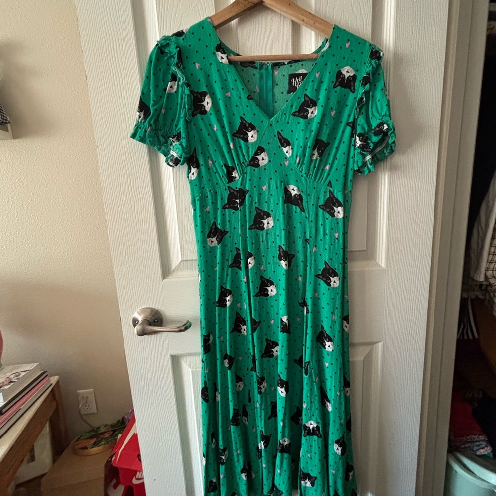 Hell Bunny Green Cat Print Dress With Side Slit